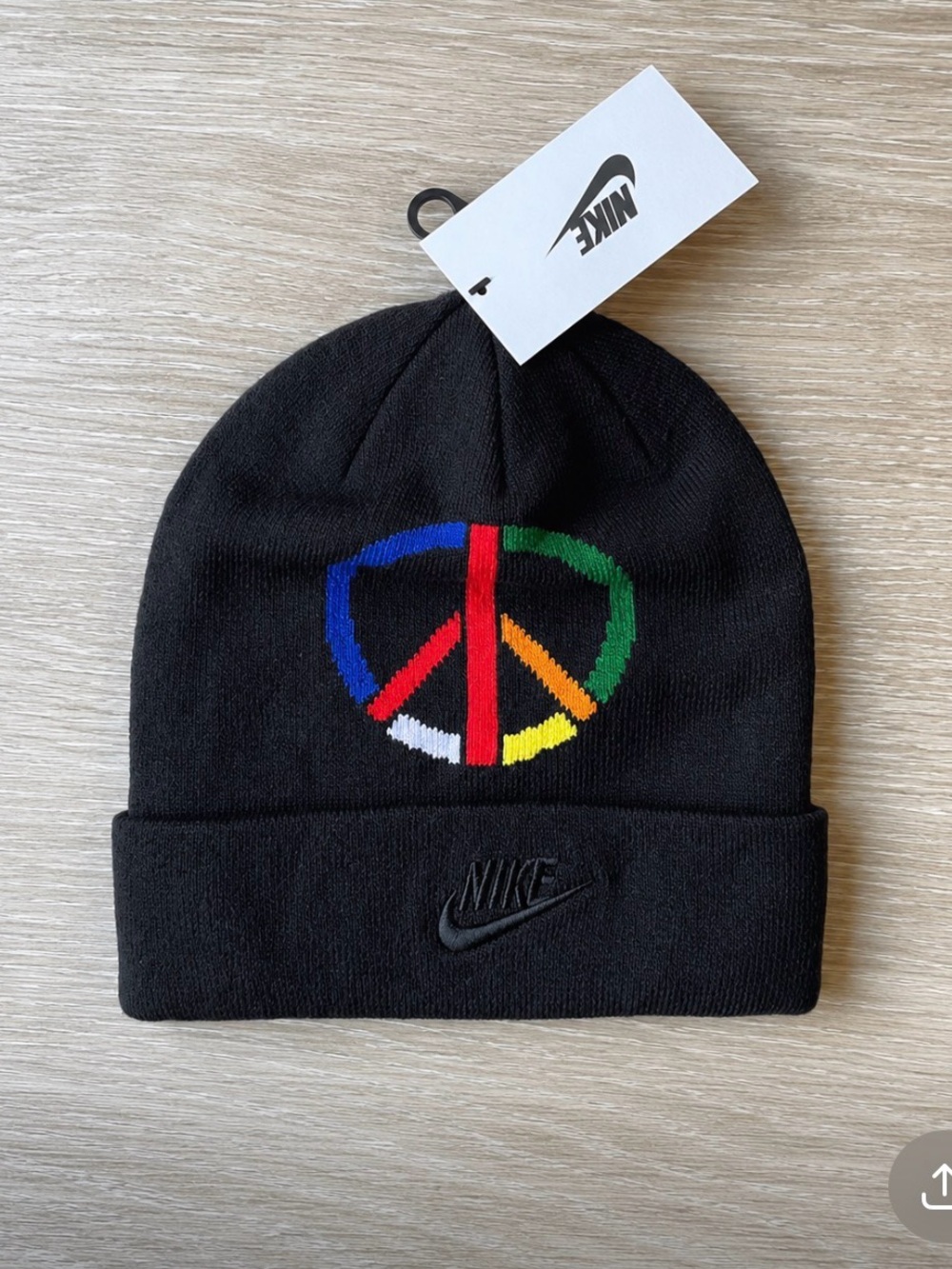 Nike unisex Olivia Kim x Nike black Beanie with Multi-Color Peace Logo